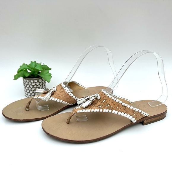 Jack Rogers Alana Cork White Leather Tassel Thong Flip Flop Sandals Size 9.5 - Picture 2 of 13